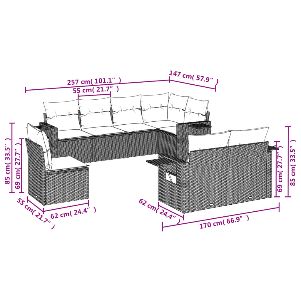 8 Pcs conjunto de sofás p/ jardim com almofadões vime PE bege