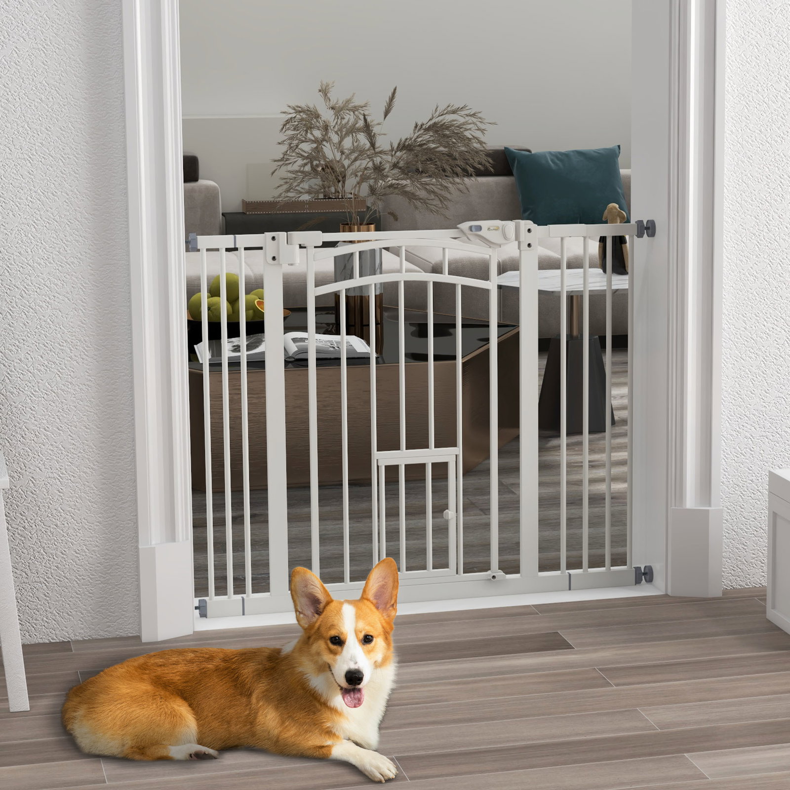Barreira de segurança para cães 74-100 cm com extensão montagem a pressão e duplo bloqueio para porta escada branco