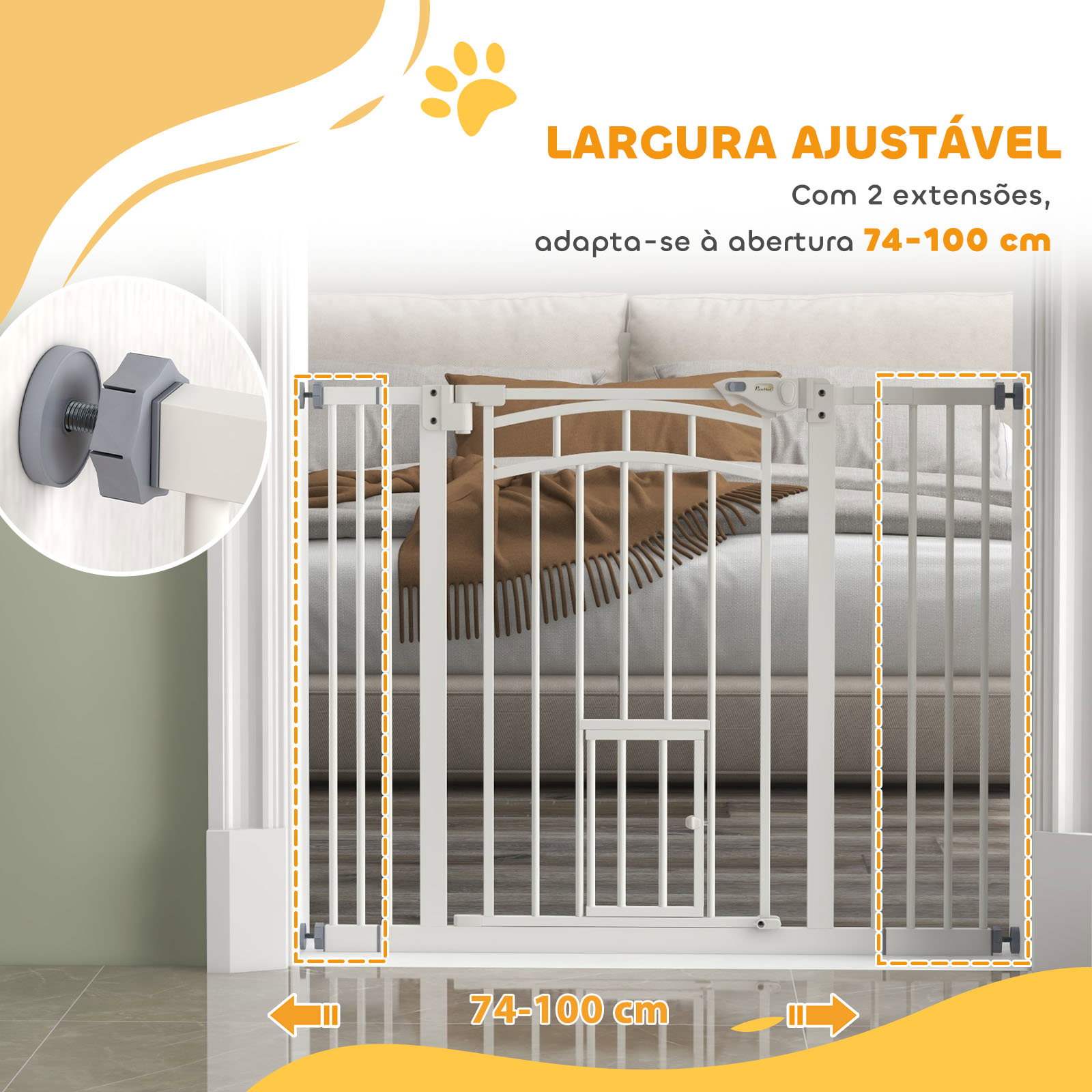Barreira de segurança para cães 74-100 cm com extensão montagem a pressão e duplo bloqueio para porta escada branco