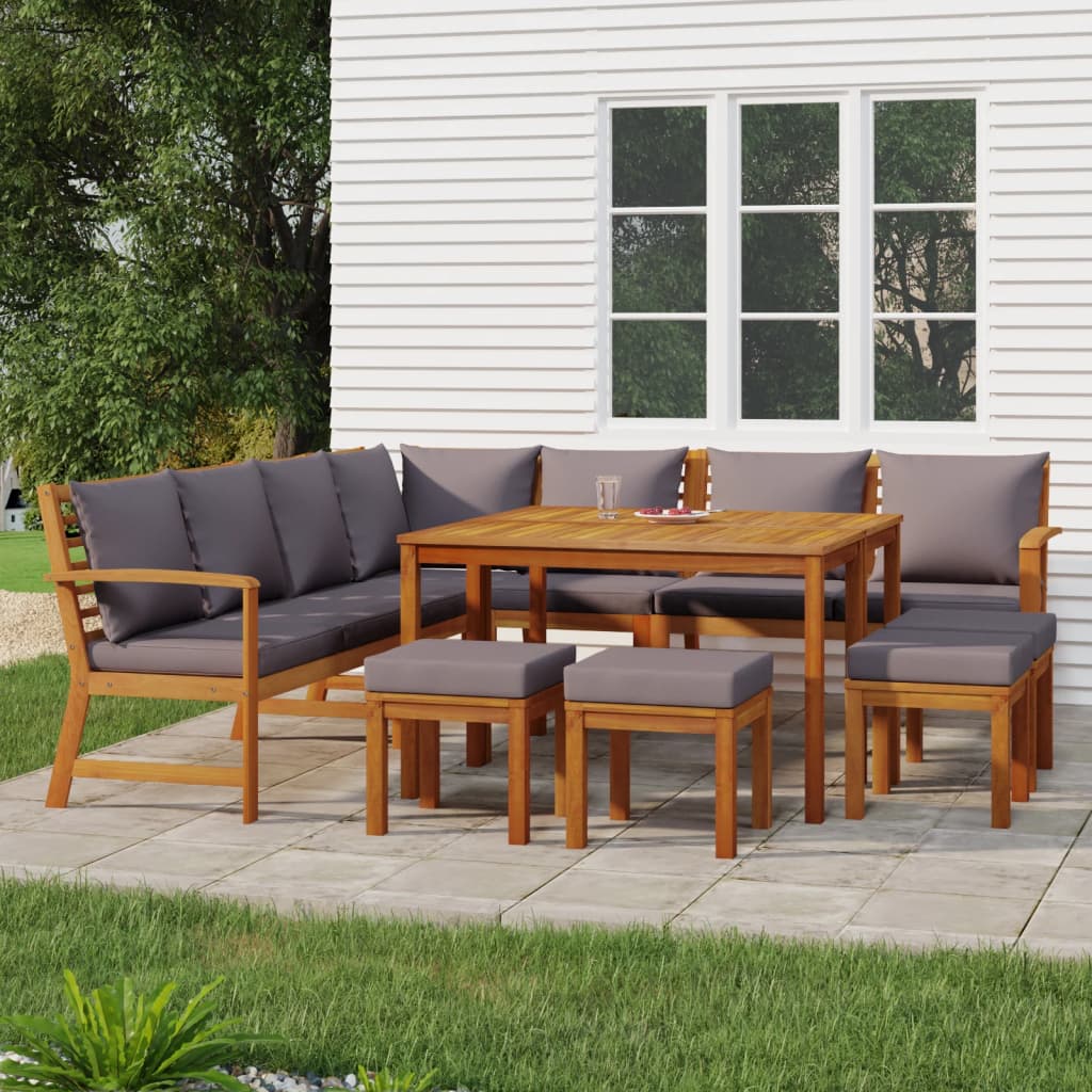 11 Pcs conjunto de jantar p/ jardim c/ almofadões acácia maciça