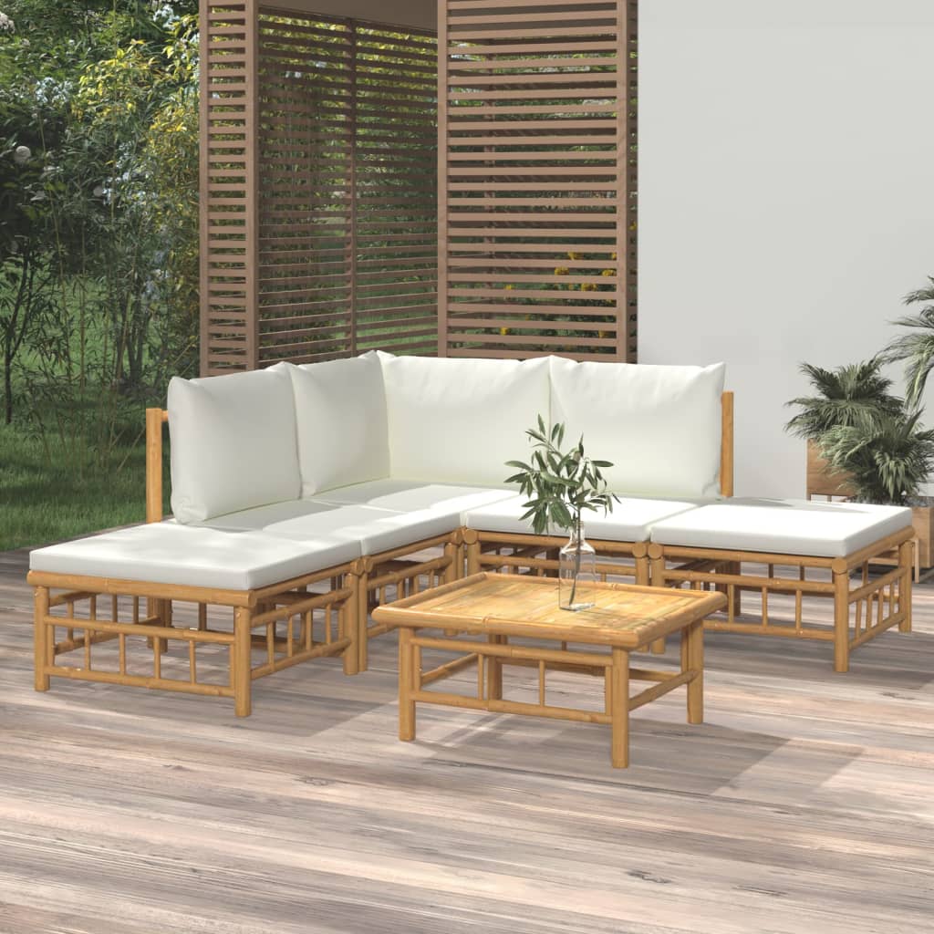 6 Pcs conjunto lounge de jardim bambu c/ almofadões branco nata