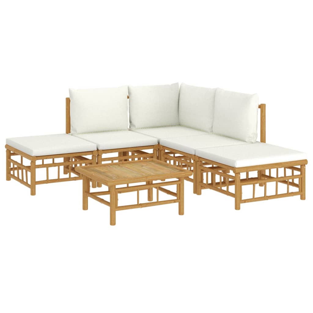 6 Pcs conjunto lounge de jardim bambu c/ almofadões branco nata