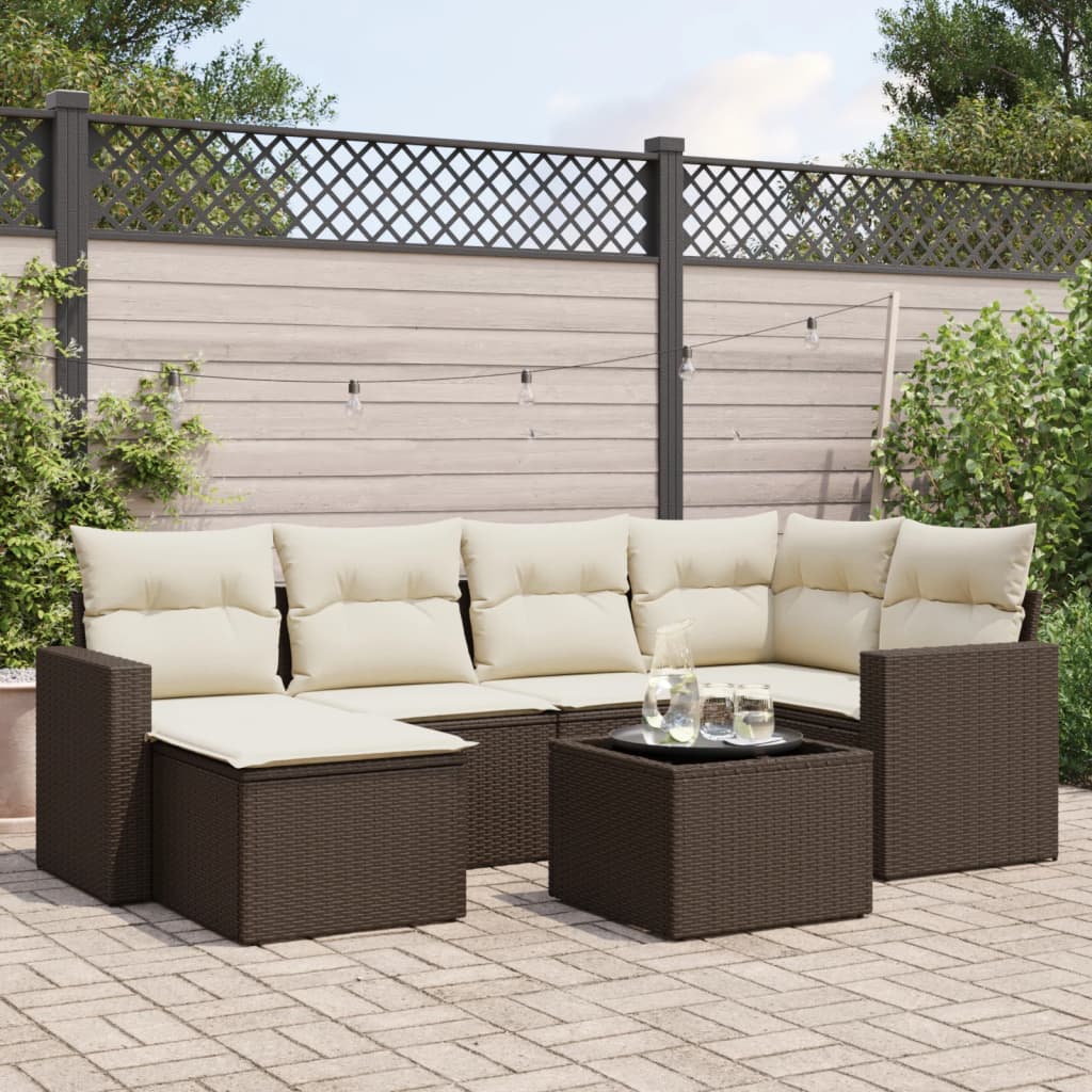 7 Pcs conjunto de sofás jardim c/ almofadões vime PE castanho