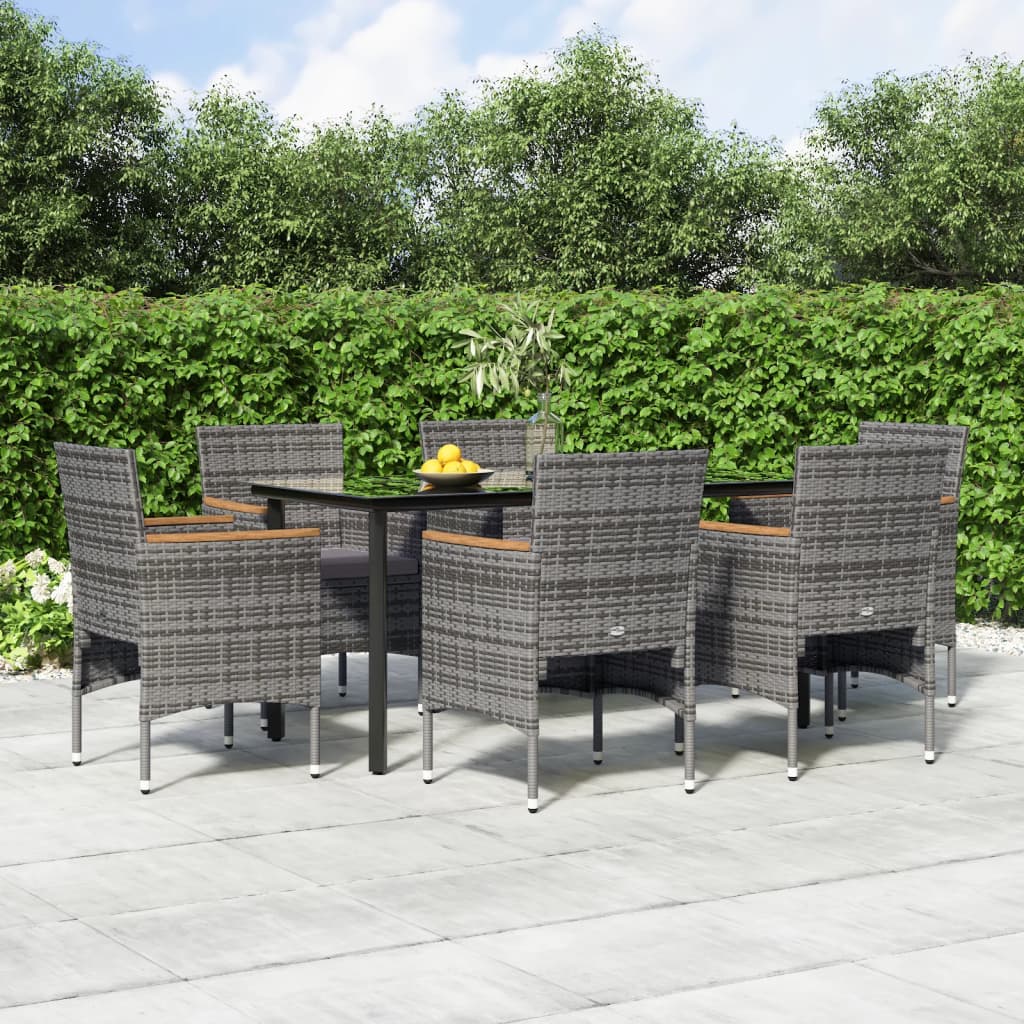 7 Pcs conjunto de jantar p/ jardim c/ almofadões cinza e preto