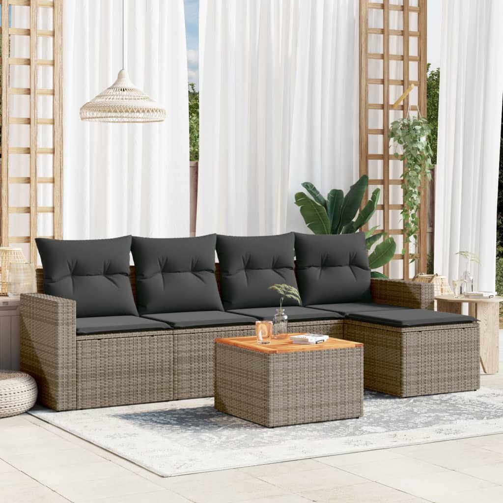 6 Pcs conjunto sofás de jardim com almofadões vime cinzento