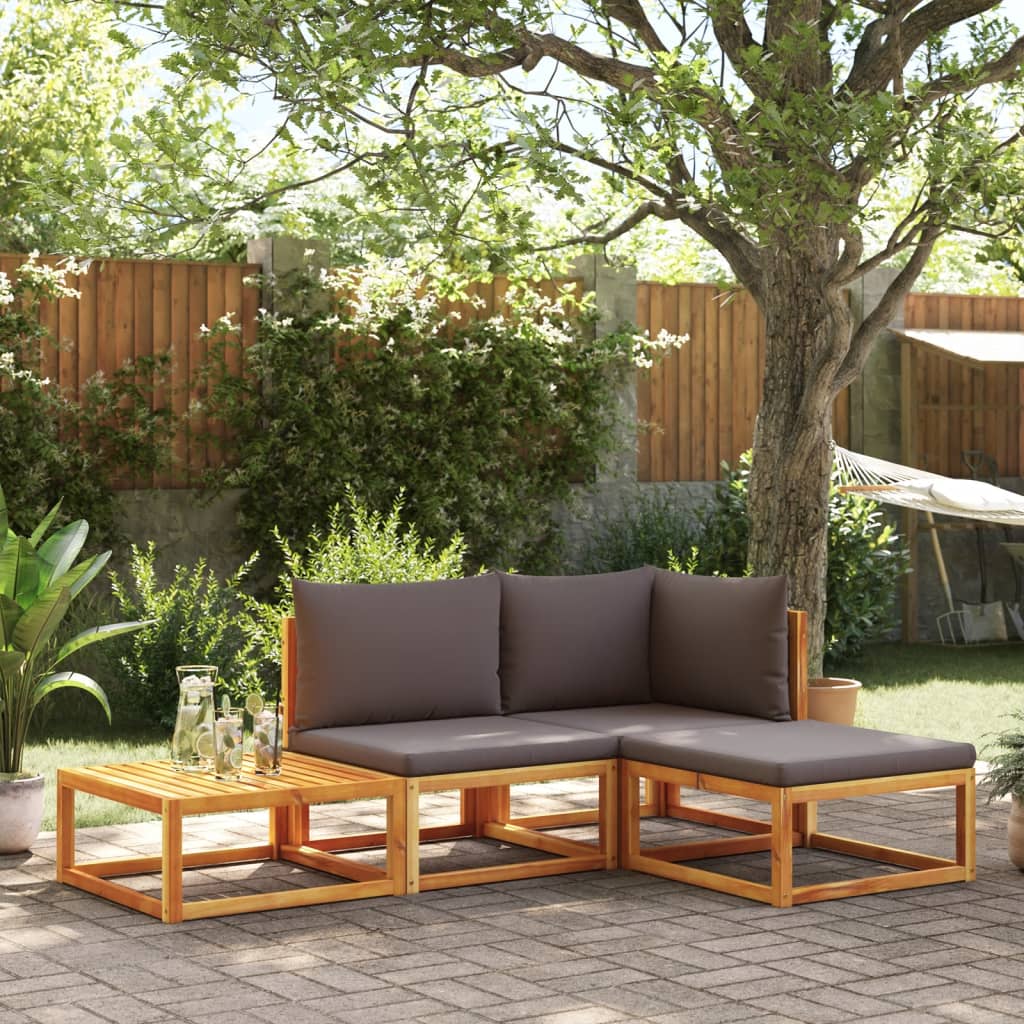 Conjunto de sofás de jardim de 4 peças com almofadas de madeira de acácia e corda