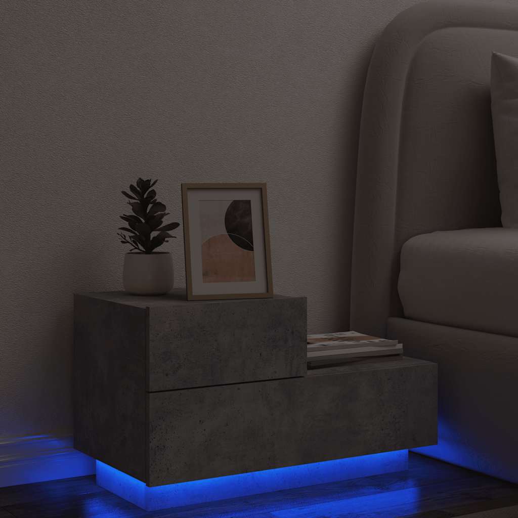 Mesa de cabeceira com luzes LED 70x36x40,5 cm cinzento-cimento