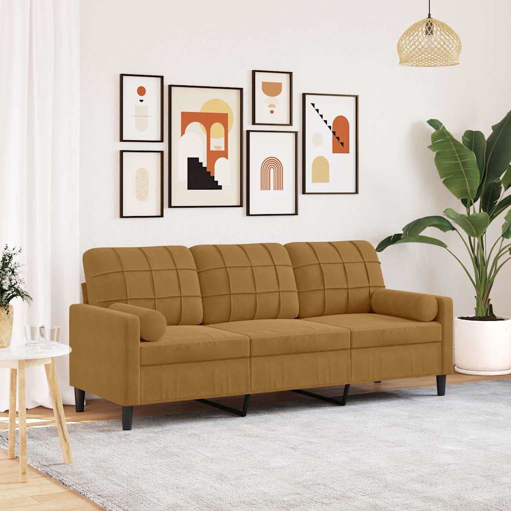 Sofá 3 lugares c/ almofadas decorativas 180 cm veludo castanho