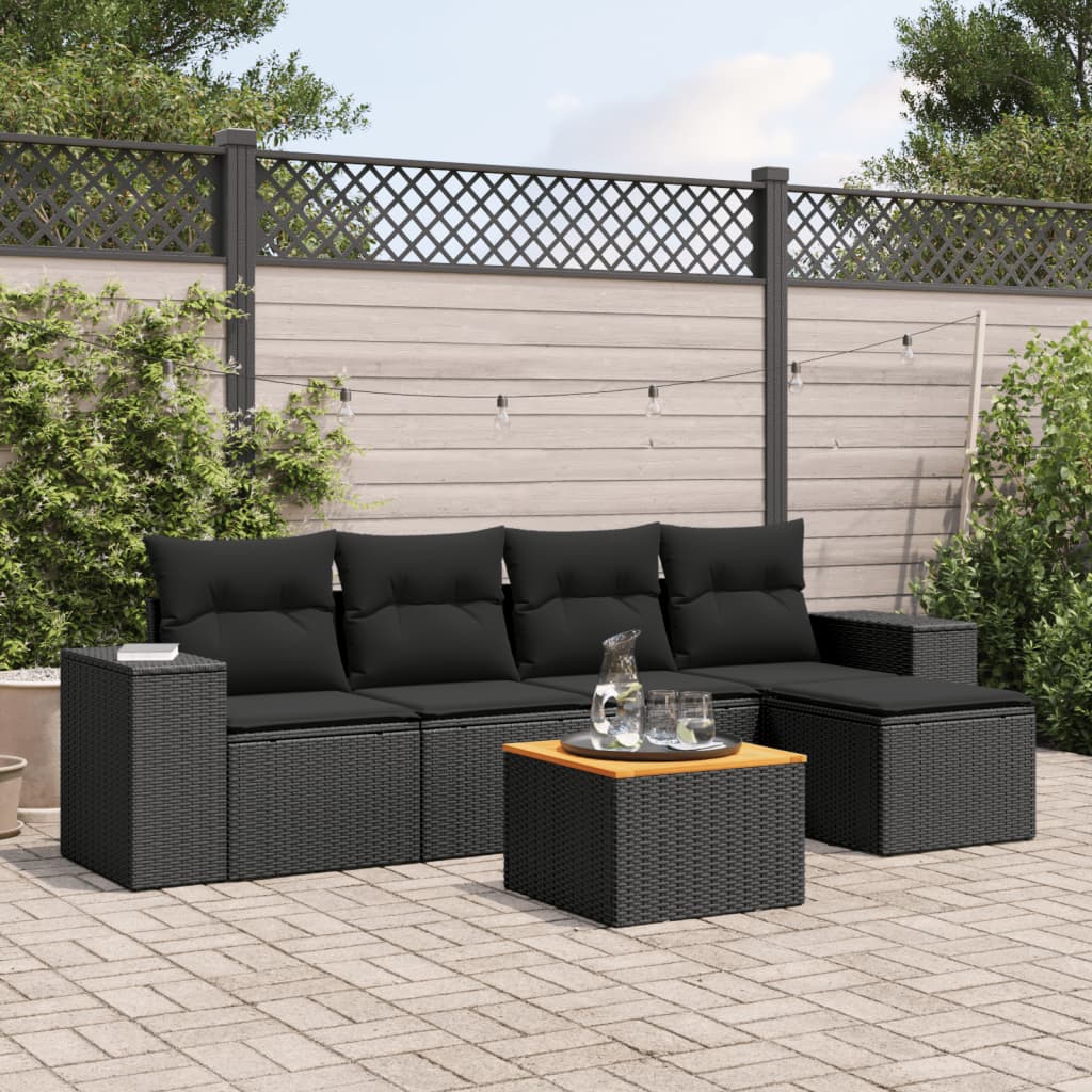 6 Pcs conjunto sofás de jardim c/ almofadões vime PE preto