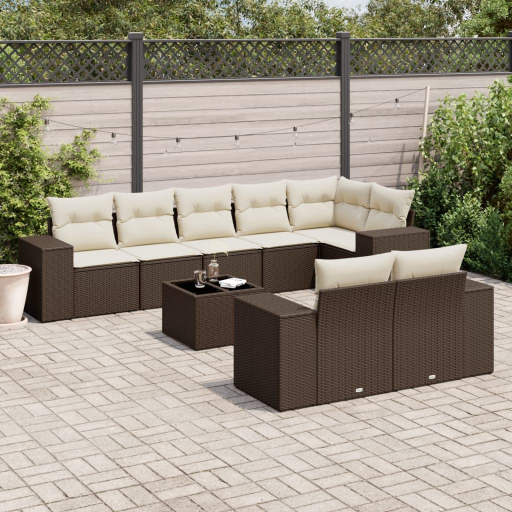 9 Pcs conjunto sofás p/ jardim c/ almofadões vime PE castanho