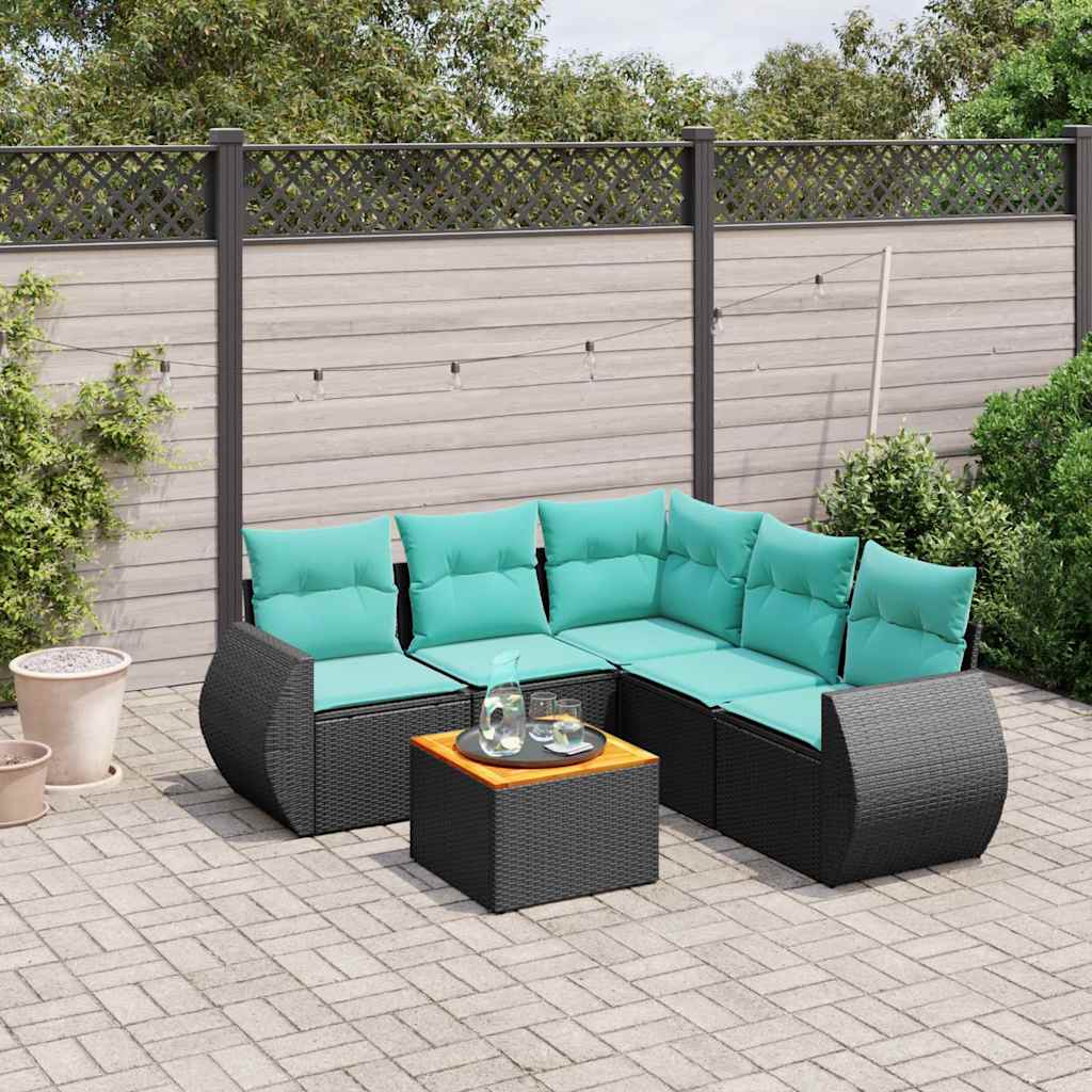 Conjunto de sofá de jardim com 6 peças e almofadas em rattan sintético preto
