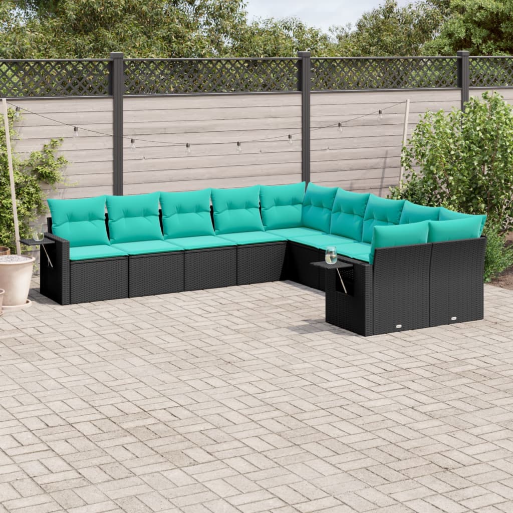 Conjunto de sofá de jardim com 10 peças e almofadas em rattan sintético preto