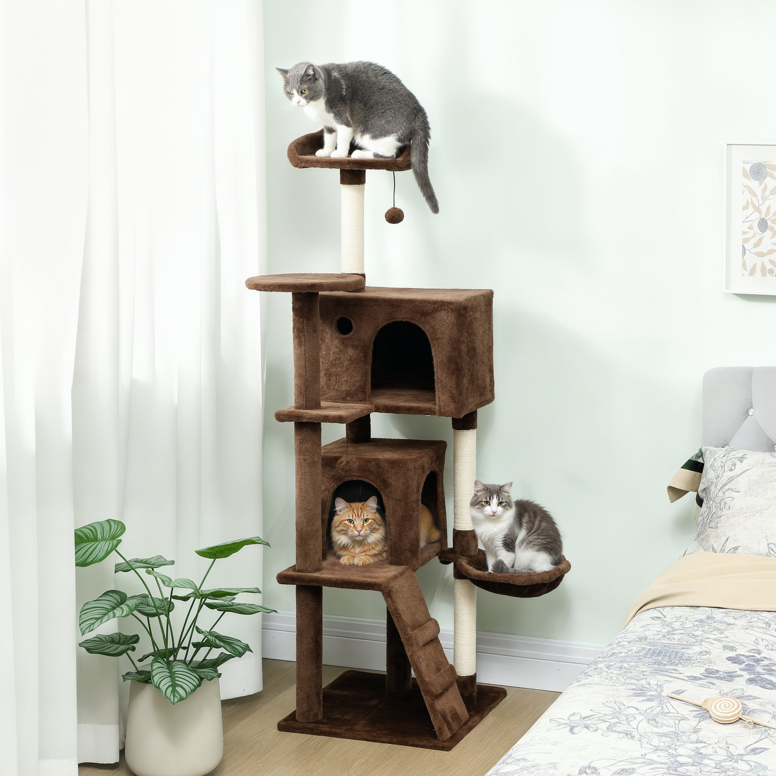 Arranhador para gatos com múltiplas plataformas cama 2 cavernas rede escada postes de sisal 48x48x160 cm marrom