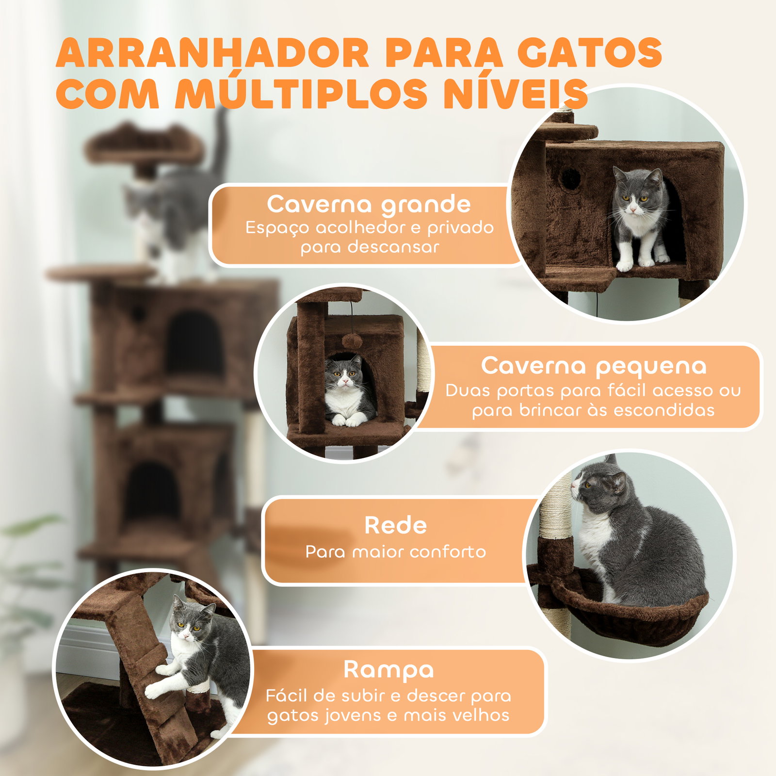 Arranhador para gatos com múltiplas plataformas cama 2 cavernas rede escada postes de sisal 48x48x160 cm marrom