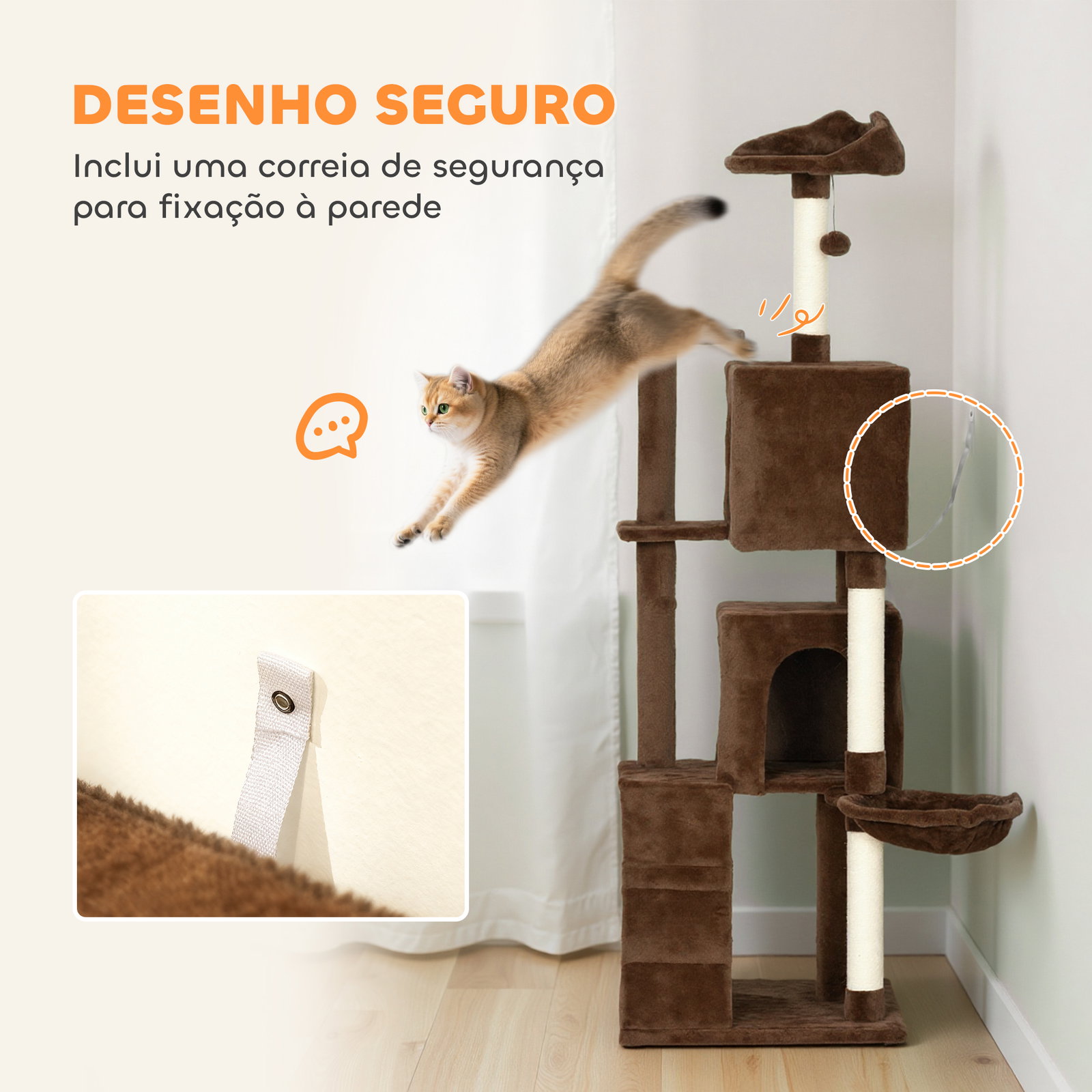 Arranhador para gatos com múltiplas plataformas cama 2 cavernas rede escada postes de sisal 48x48x160 cm marrom