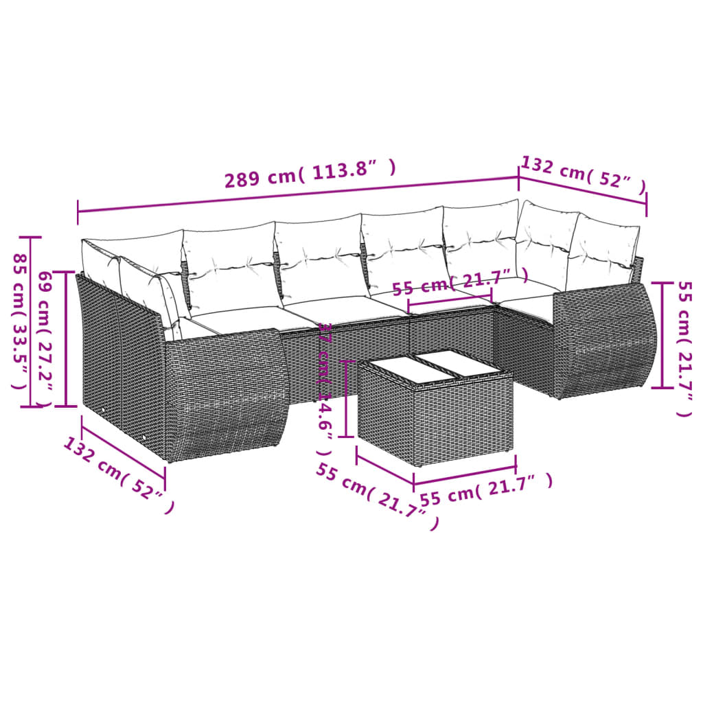 8 Pcs conjunto de sofás p/ jardim com almofadões vime PE bege