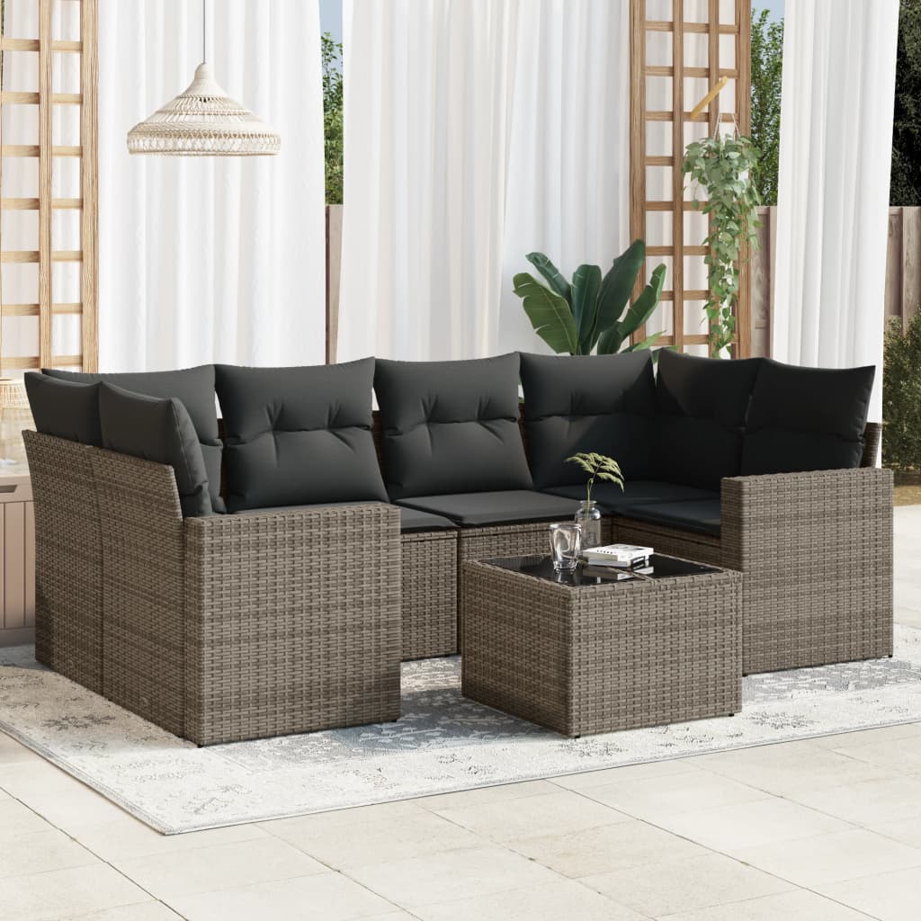 7 Pcs conjunto sofás p/ jardim c/ almofadões vime PE cinzento
