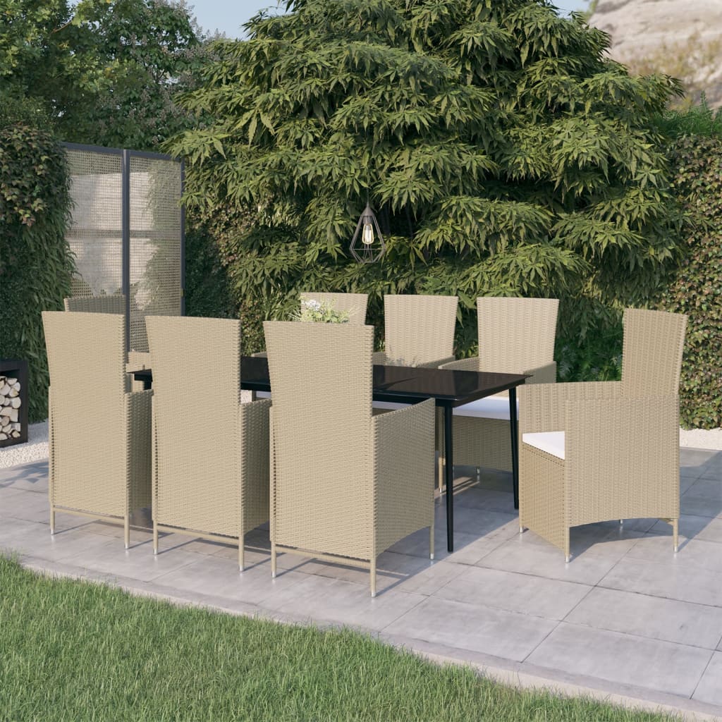 9 Pcs conjunto de jantar para jardim com almofadões bege