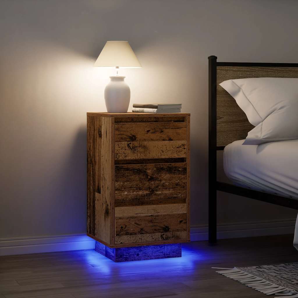 Mesa de cabeceira com luzes LED 38x34x65 cm madeira velha
