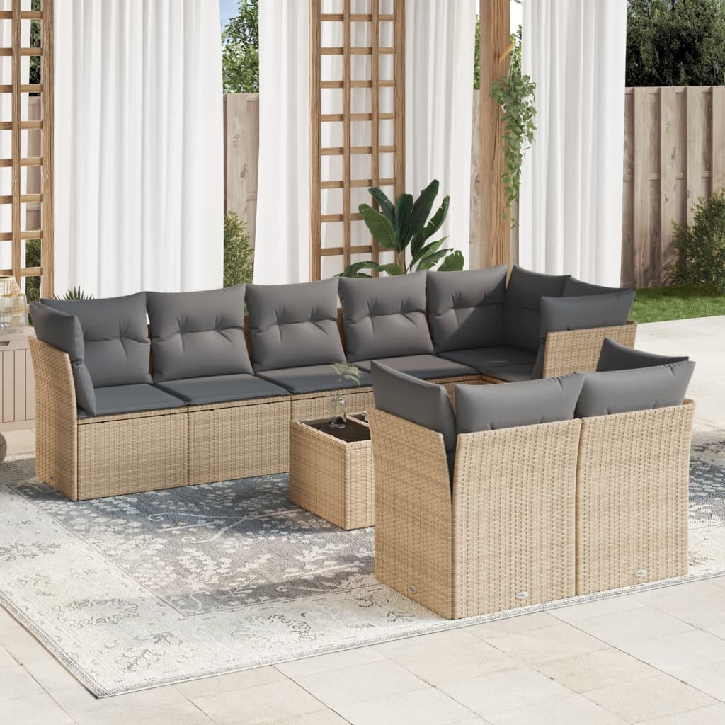 9 Pcs conjunto de sofás p/ jardim com almofadões vime PE bege