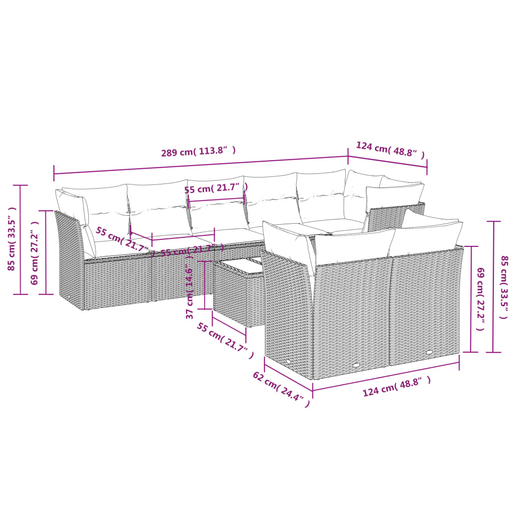 9 Pcs conjunto de sofás p/ jardim com almofadões vime PE bege