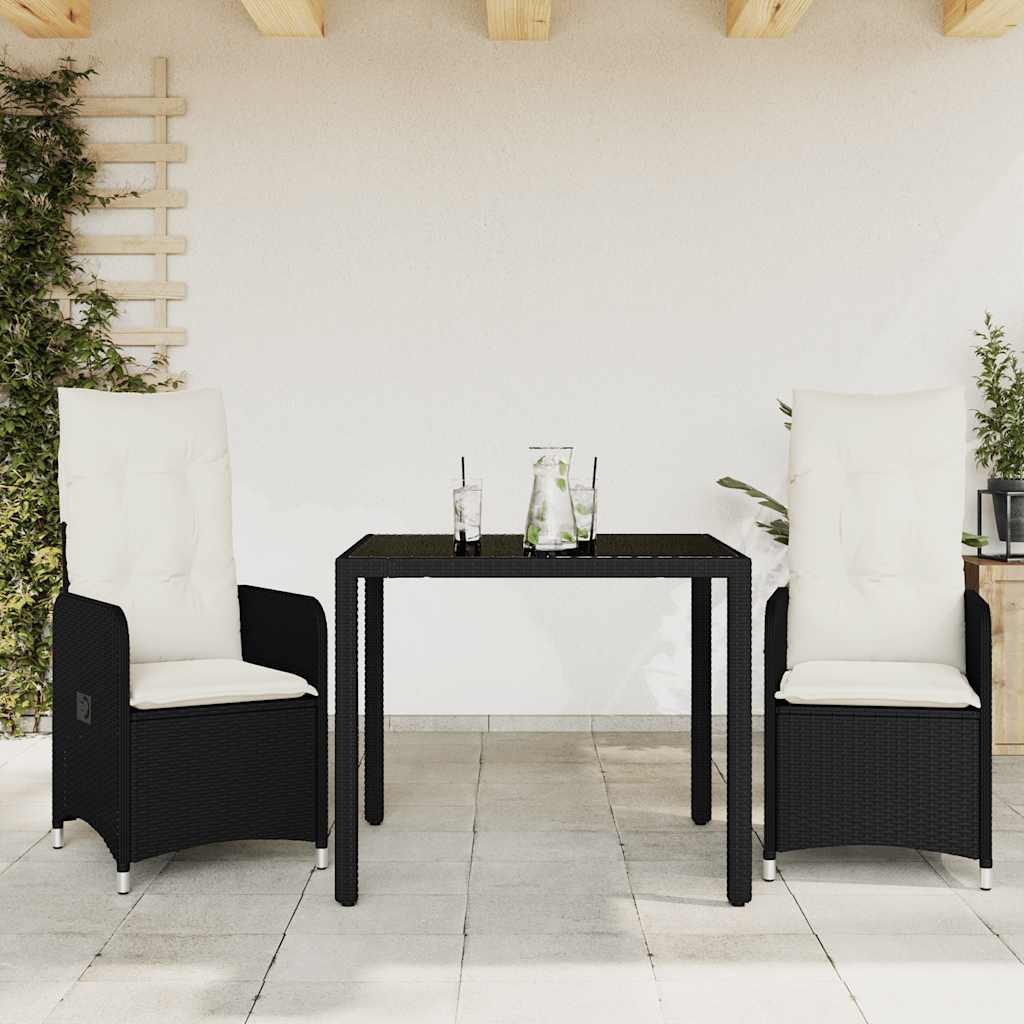 3 Pcs conjunto bistrô de jardim c/ almofadões vime PE preto