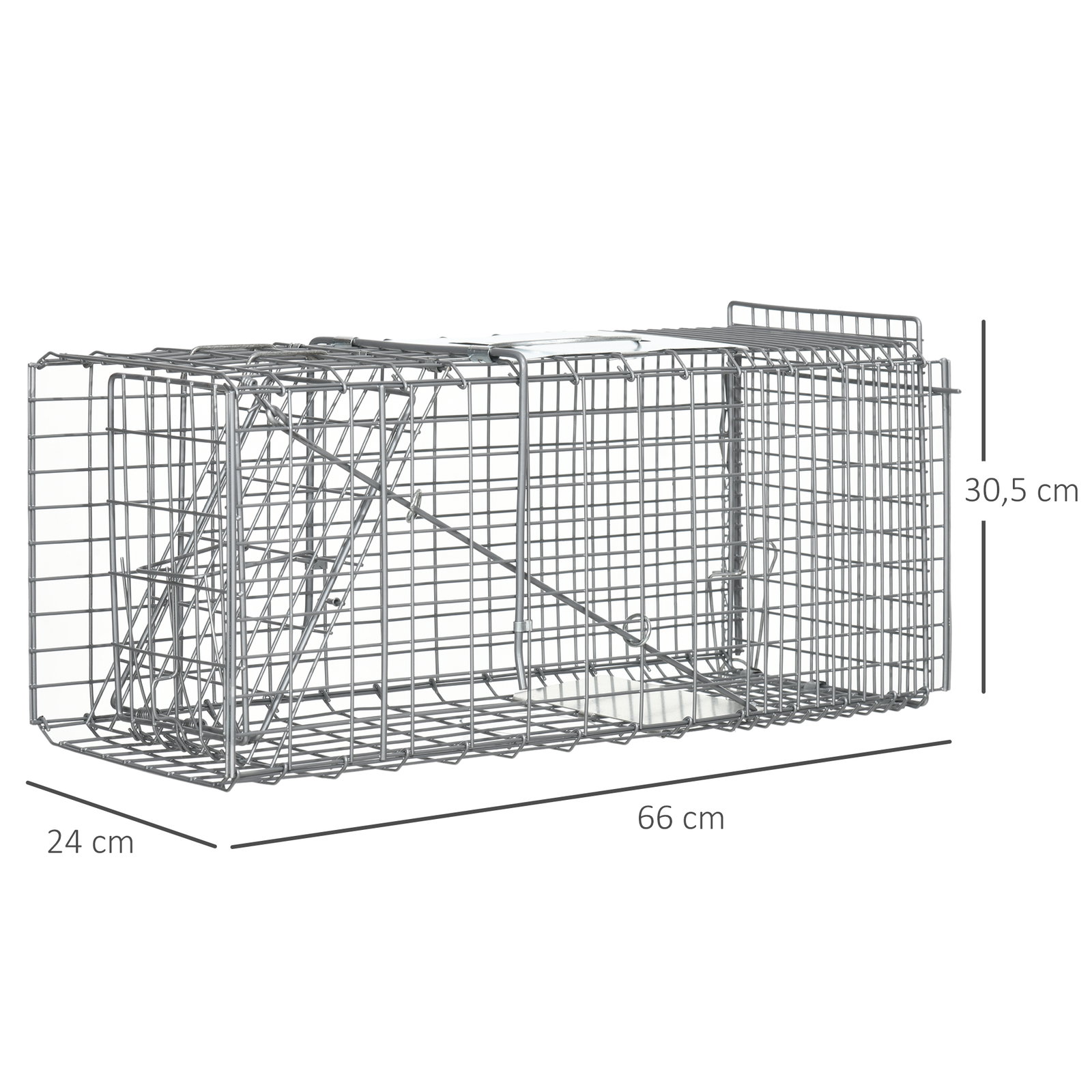 Armadilha para animais vivos dobrável 66x24x30,5 cm gaiola de captura com porta e alça para coelhos roedores prata