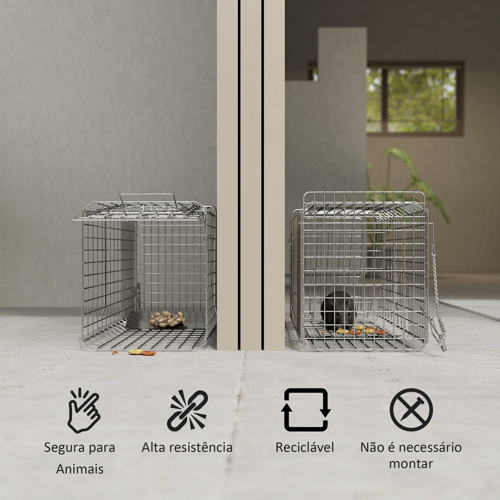 Armadilha para animais vivos dobrável 66x24x30,5 cm gaiola de captura com porta e alça para coelhos roedores prata
