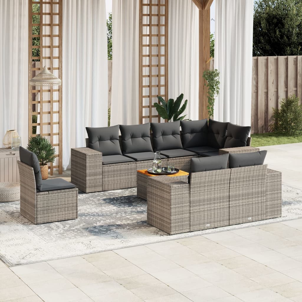 9 Pcs conjunto sofás p/ jardim com almofadões vime PE cinzento