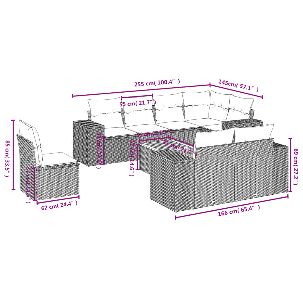 9 Pcs conjunto sofás p/ jardim com almofadões vime PE cinzento