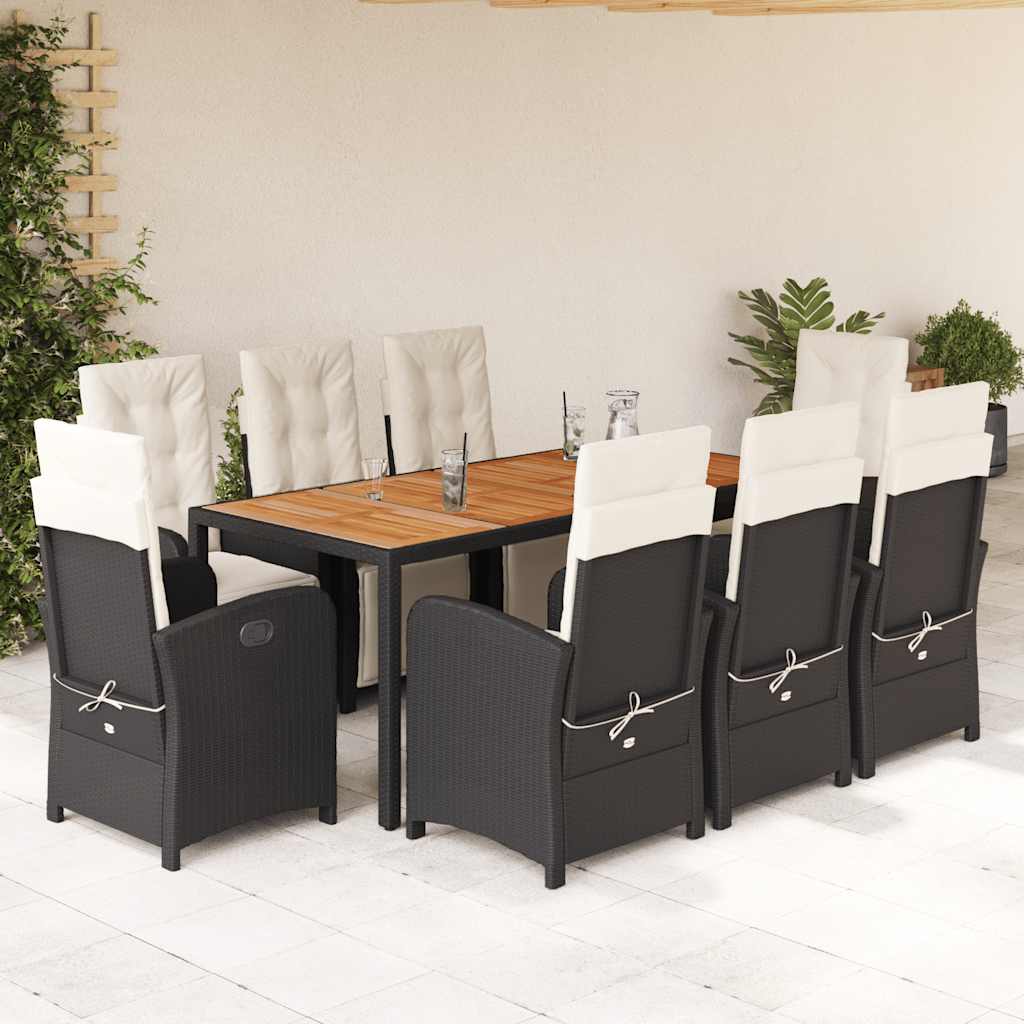 9 Pcs conjunto de jantar p/ jardim c/ almofadões vime PE preto