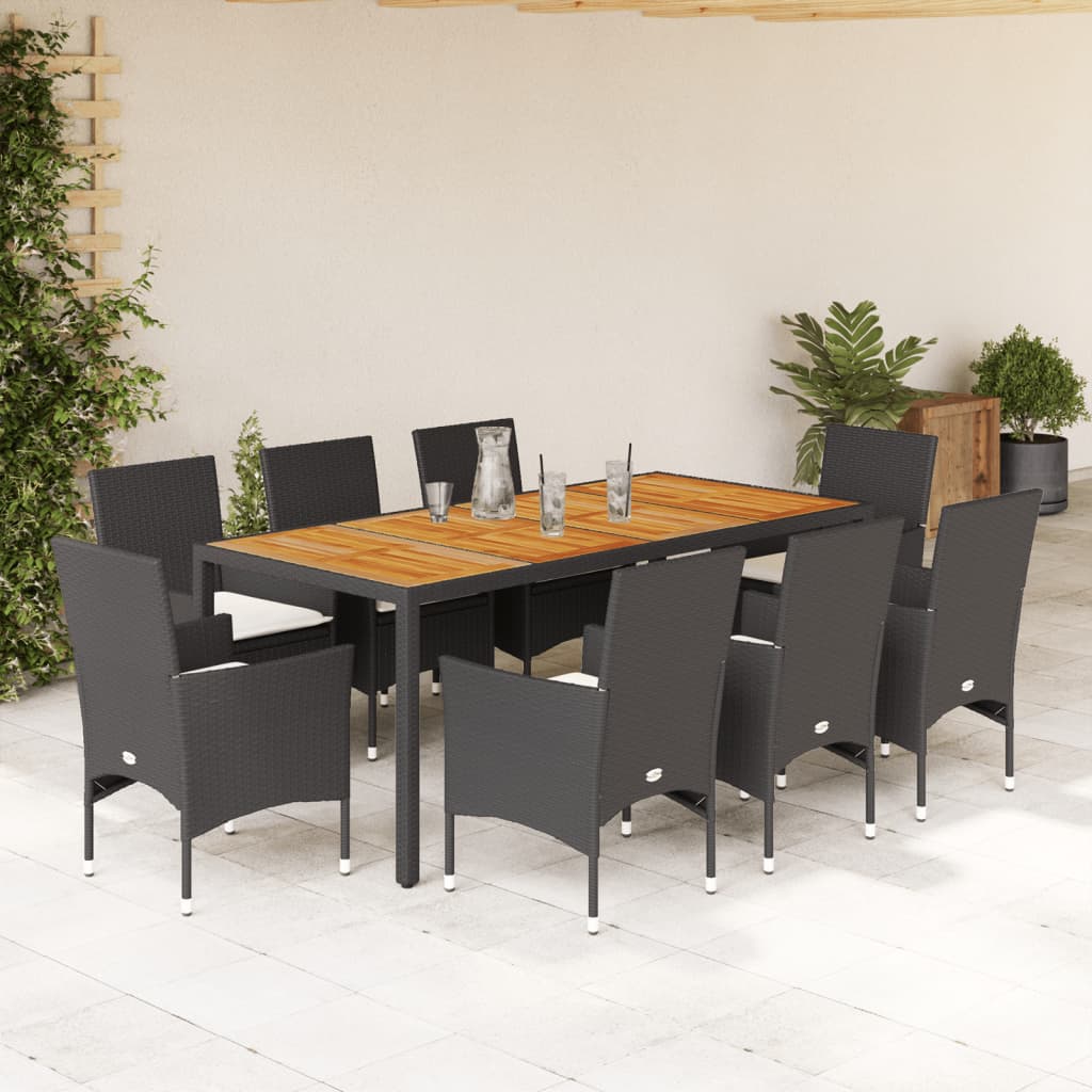 9 Pcs conjunto jantar jardim c/ almofadões vime PE/acácia preto