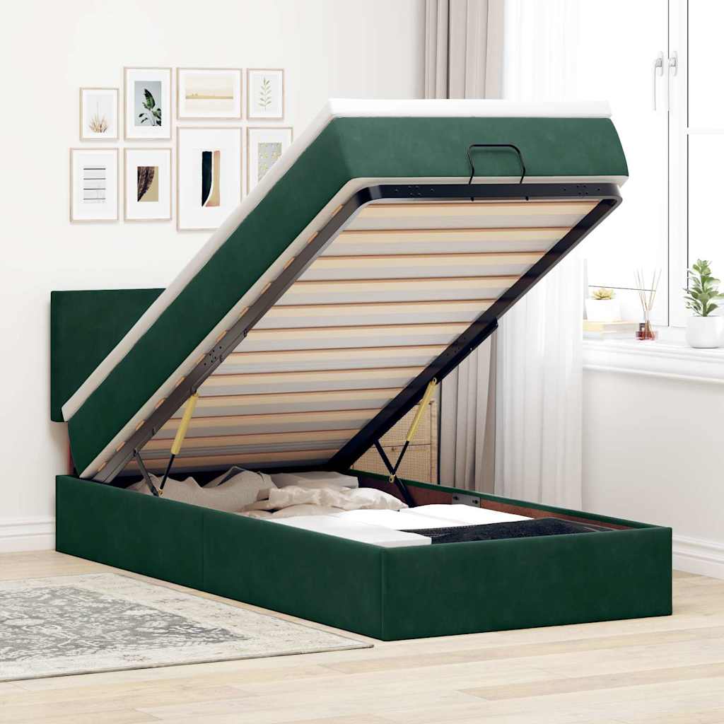 Estrutura de cama otomana com colchão verde escuro veludo