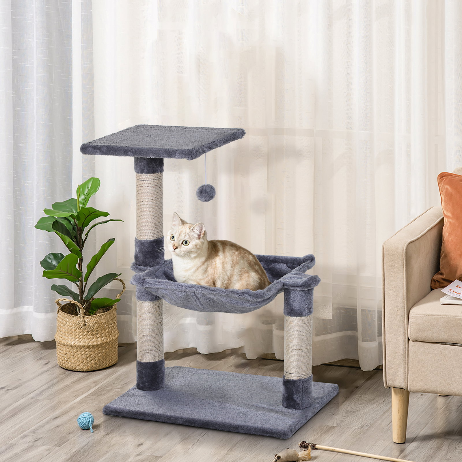 Árvore arranhador para gatos torre para gatos 50x36x70 cm com rede plataforma poste de sisal e bola suspensa cinza