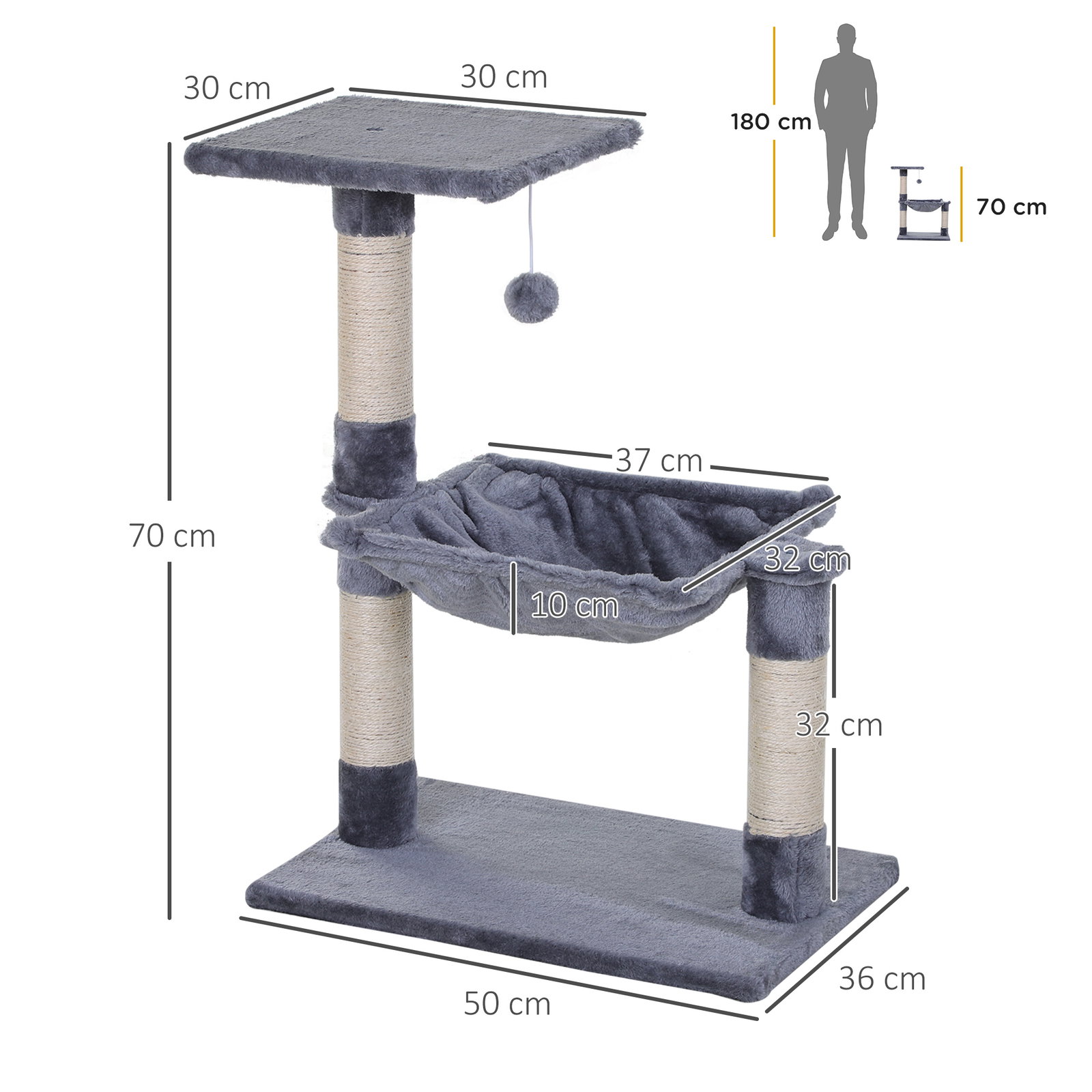 Árvore arranhador para gatos torre para gatos 50x36x70 cm com rede plataforma poste de sisal e bola suspensa cinza