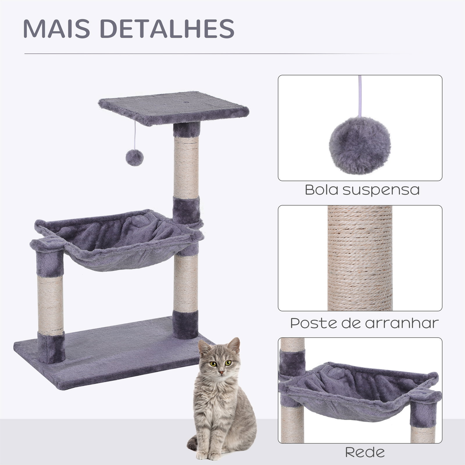 Árvore arranhador para gatos torre para gatos 50x36x70 cm com rede plataforma poste de sisal e bola suspensa cinza