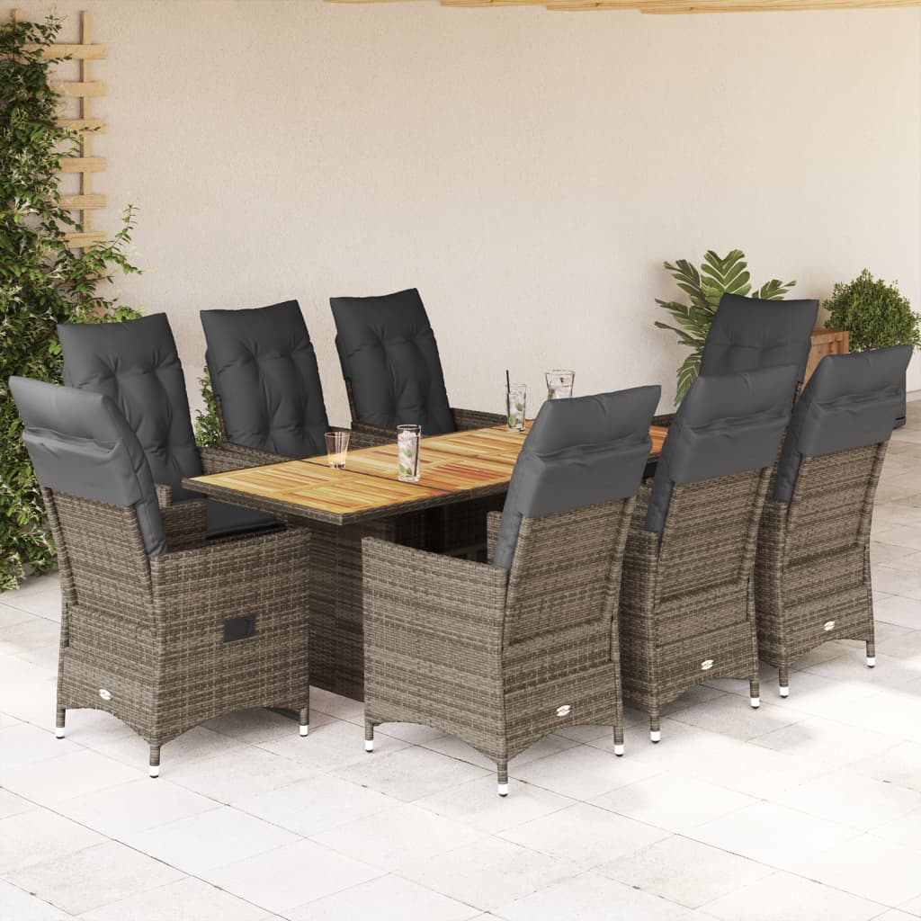 9 Pcs conjunto de jantar p/ jardim c/ almofadões vime PE cinza
