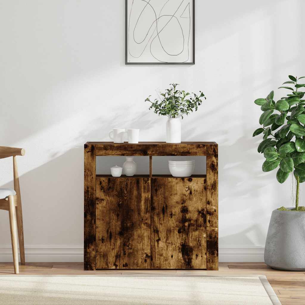 Aparador com luzes LED 80x35x75 cm carvalho fumado