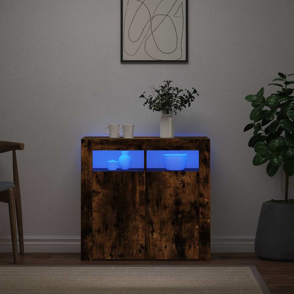 Aparador com luzes LED 80x35x75 cm carvalho fumado