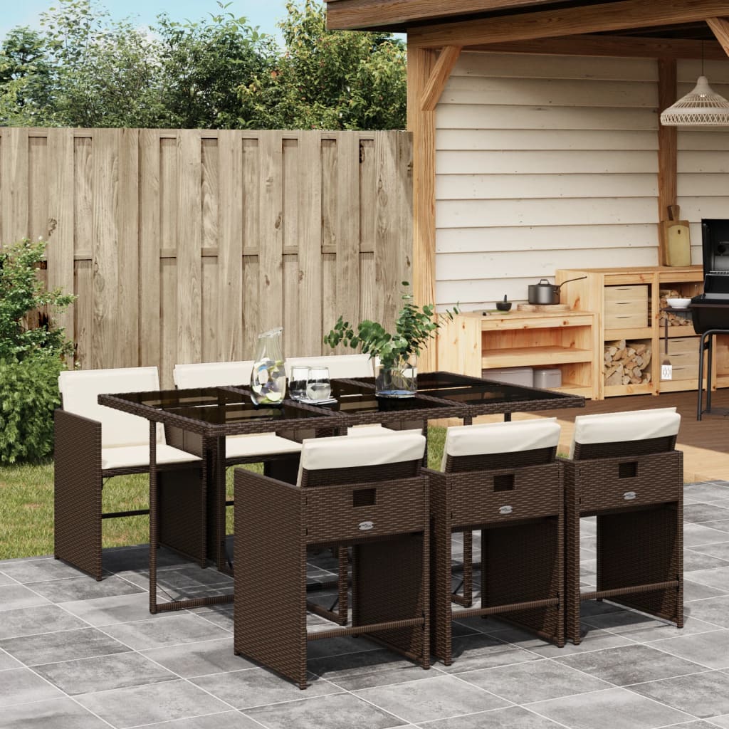 7 Pcs conjunto jantar p/ jardim c/ almofadões vime PE castanho