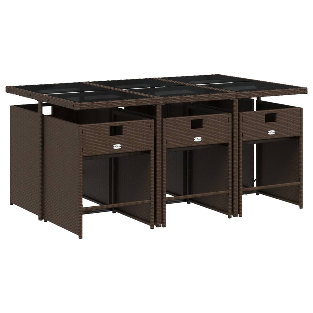 7 Pcs conjunto jantar p/ jardim c/ almofadões vime PE castanho