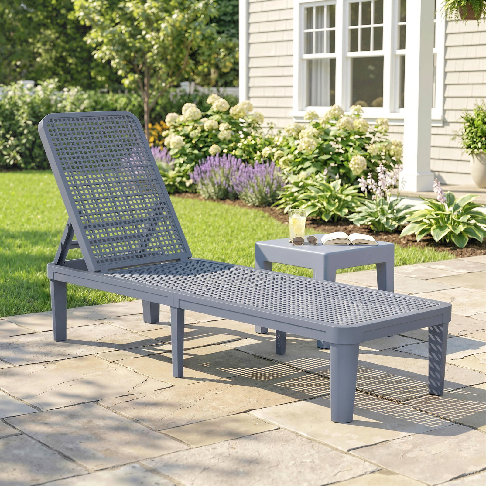 Espreguiçadeira reclinável de jardim exterior com encosto ajustável em 4 posições e estrutura de PP 191x55x35,5 cm cinzento escuro