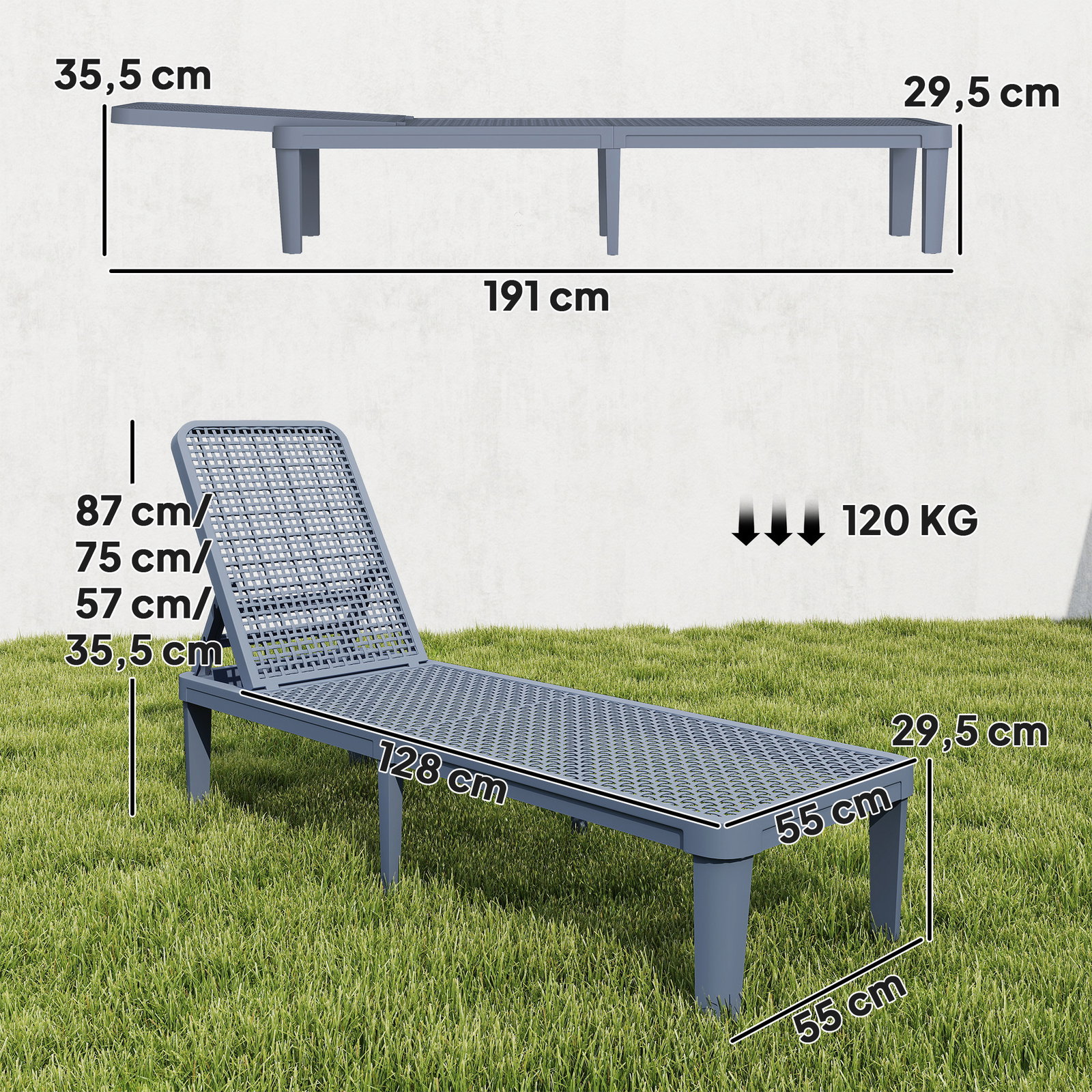Espreguiçadeira reclinável de jardim exterior com encosto ajustável em 4 posições e estrutura de PP 191x55x35,5 cm cinzento escuro