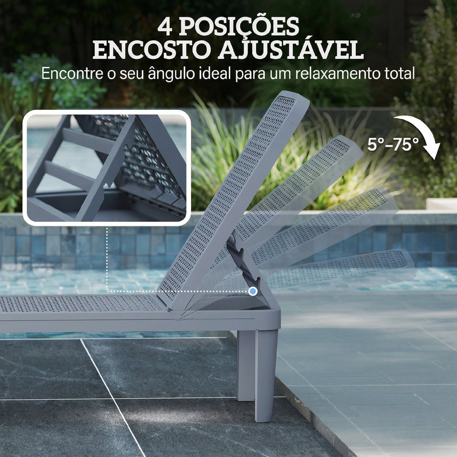 Espreguiçadeira reclinável de jardim exterior com encosto ajustável em 4 posições e estrutura de PP 191x55x35,5 cm cinzento escuro