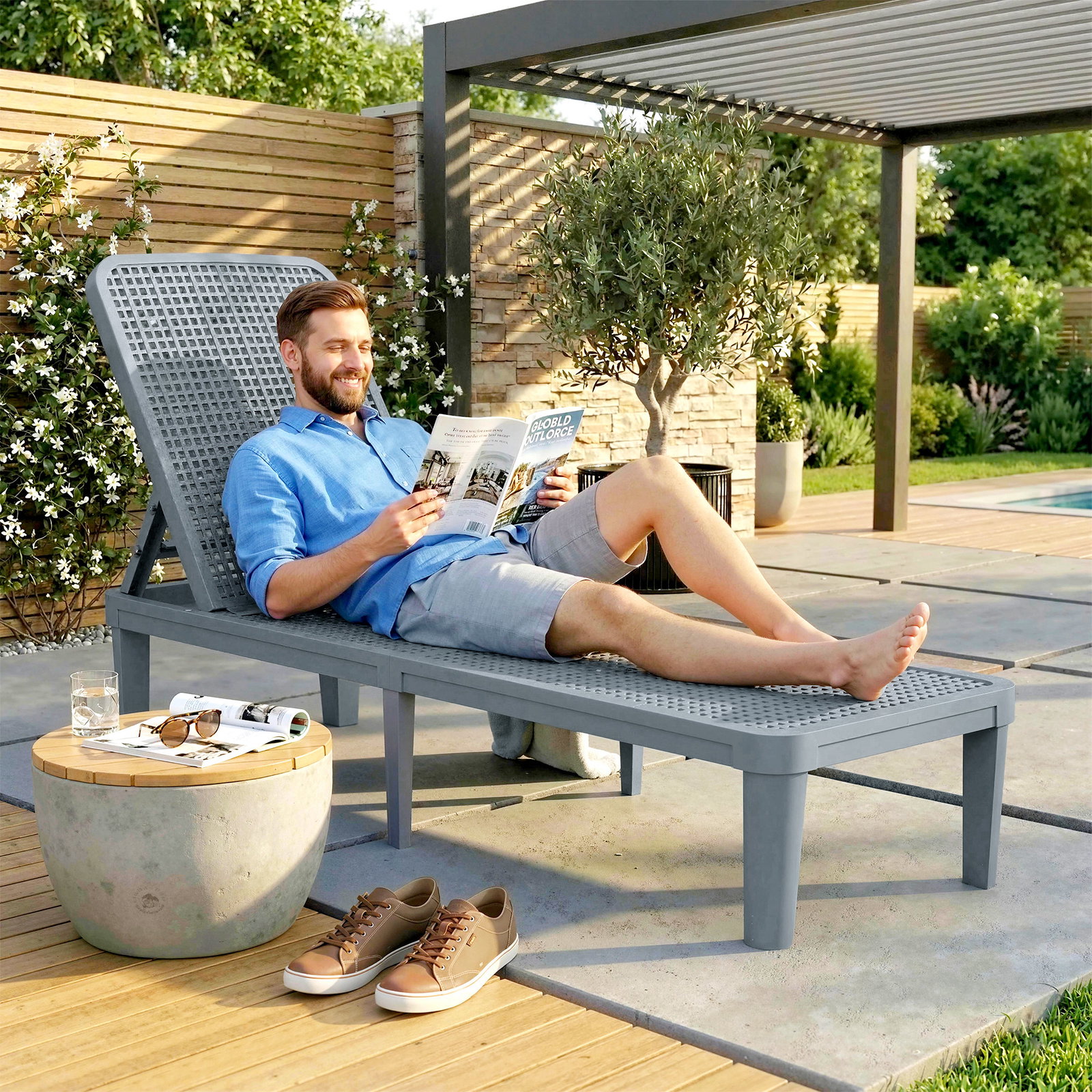 Espreguiçadeira reclinável de jardim exterior com encosto ajustável em 4 posições e estrutura de PP 191x55x35,5 cm cinzento escuro