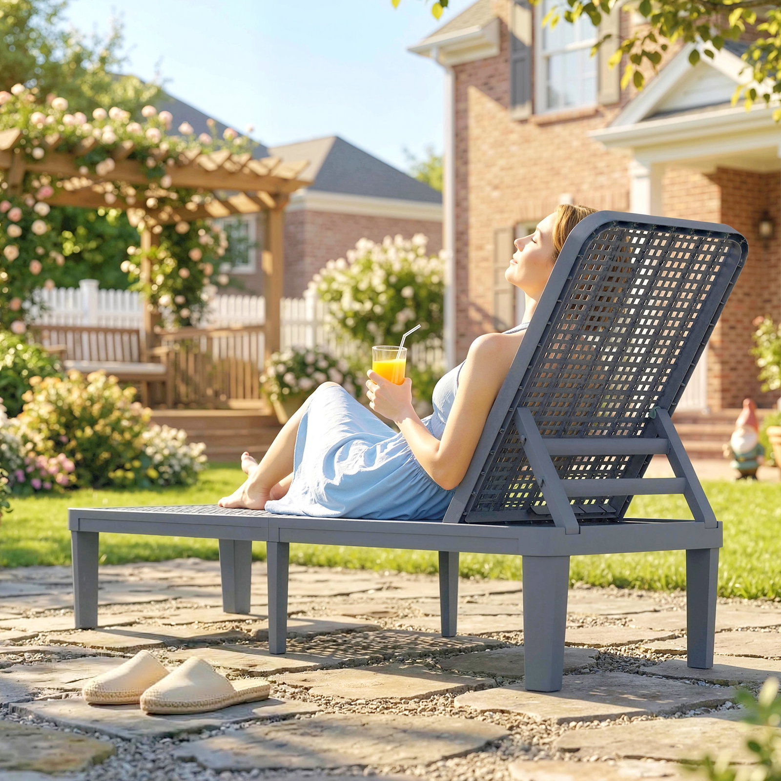 Espreguiçadeira reclinável de jardim exterior com encosto ajustável em 4 posições e estrutura de PP 191x55x35,5 cm cinzento escuro