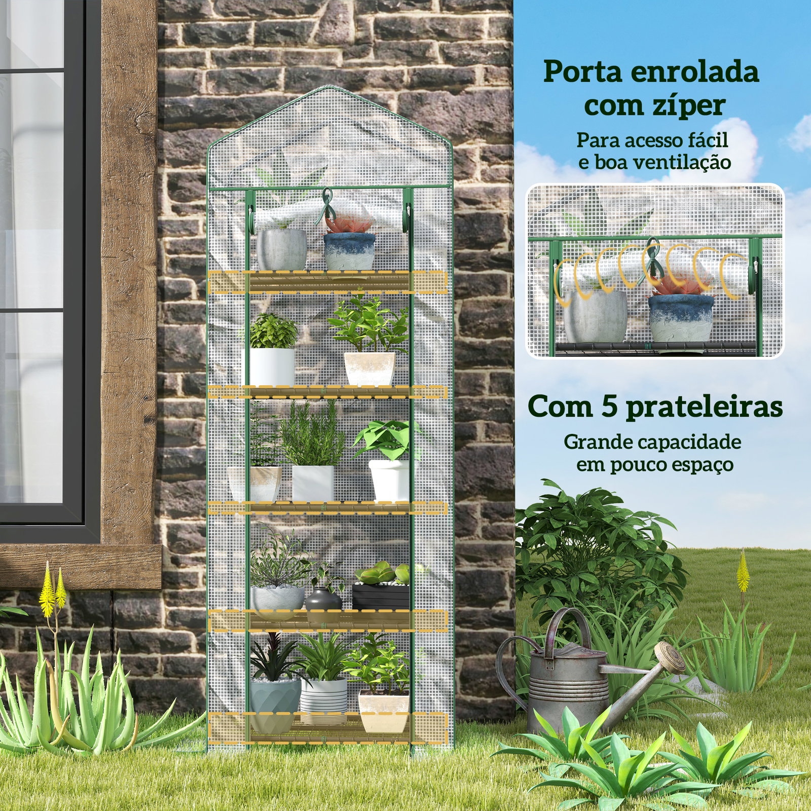 Estufa de jardim vertical 69x49x193 cm com 5 prateleiras estufa para plantas e cultivos com cobertura transparente de PE verde
