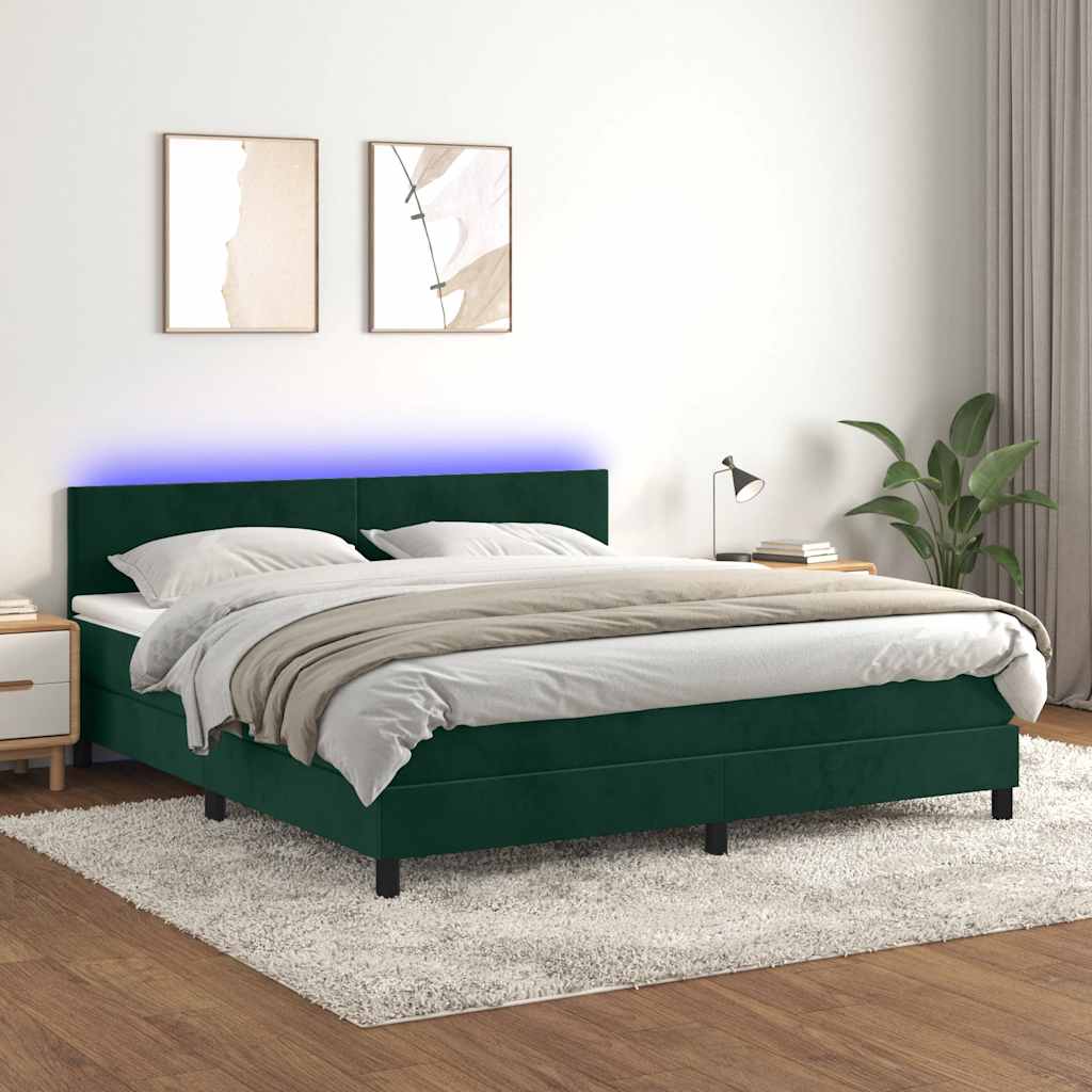 Cama box spring c/ colchão/LED 180x200 cm veludo verde-escuro