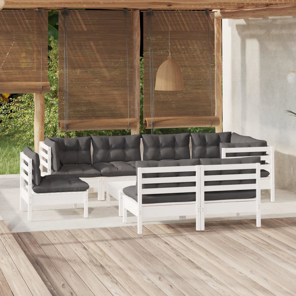 9 Pcs conj. lounge de jardim c/ almofadões pinho maciço branco