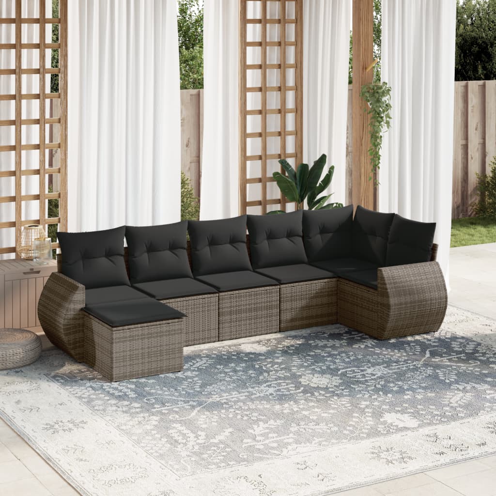 7 Pcs conjunto sofás p/ jardim c/ almofadões vime PE cinzento
